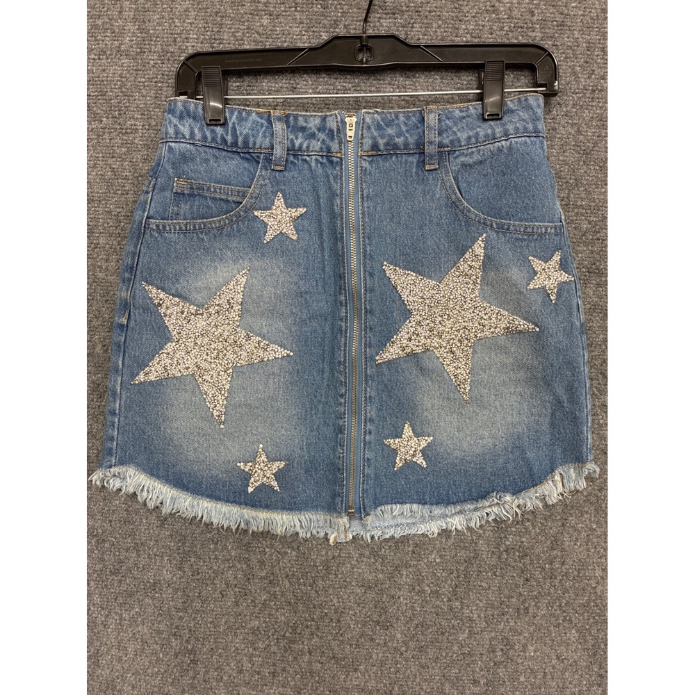 BaeVely Blue Denim Rhinestone Star Mini Skirt Front Zip‎ Frayed Hem Small
